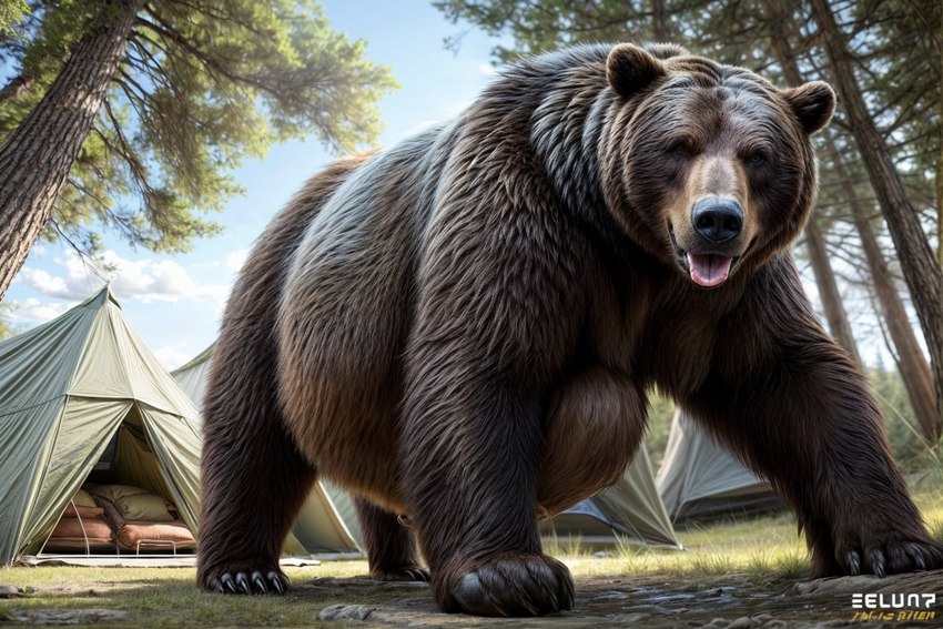 belly big_belly brown_body brown_fur camping claws day detailed_background detailed_fur feral forest fur looking_at_viewer male oral_vore outdoors plant solo tent tongue tongue_out tree vore l649000 mammal ursid attempted_signature detailed