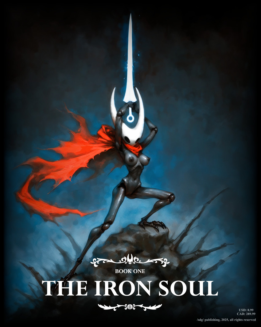 anthro big_breasts breasts cape carapace claws clothing female genitals joints melee_weapon nipples nude poncho poster pussy scarf segmented_arms segmented_legs solo sword weapon arantonak hollow_knight_(franchise) team_cherry hornet_(hollow_knight) arthropod absurd_res hi_res