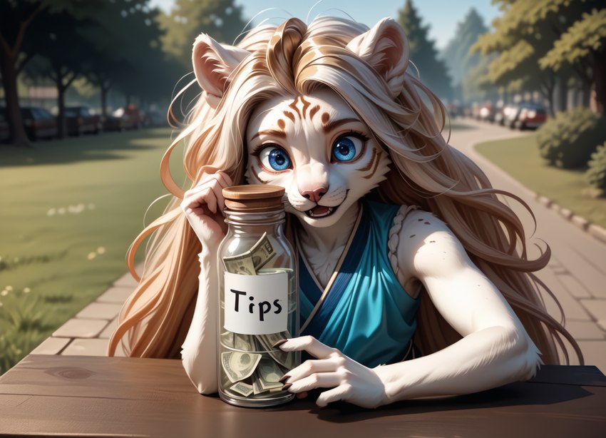 anthro blonde_hair blue_eyes femboy fur fur_markings hair jar long_hair male markings money outdoors outside solo white_body white_fur nonimousmate felid mammal pantherine tiger hi_res