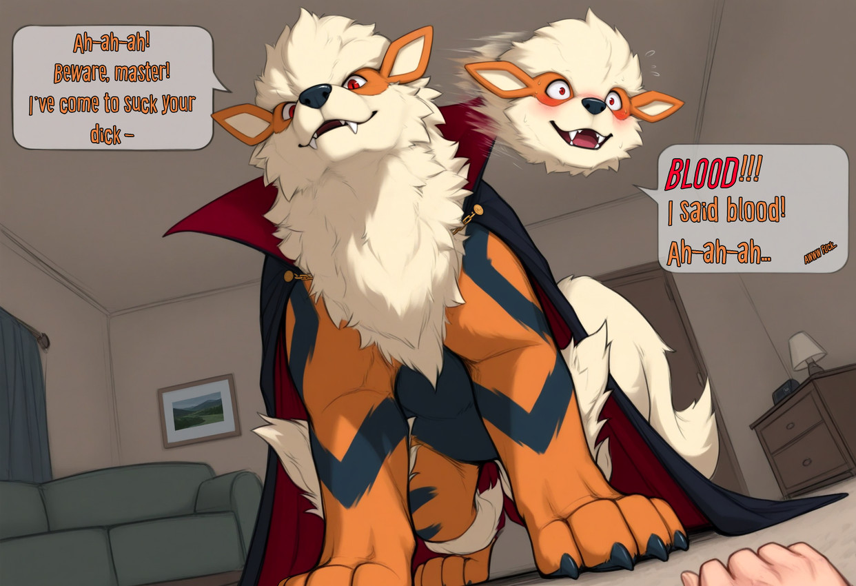 4_toes ambiguous_gender black_body black_claws black_fur black_nose blush bodily_fluids cape chest_tuft claws clothing countershading detailed_background dialogue disembodied_hand duo embarrassed fangs feet feral first_person_view fluffy fluffy_tail fur furniture head_tuft human_pov imminent_sex inside interspecies lamp looking_at_viewer male mane monotone_tail motion_blur multicolored_body multicolored_fur neck_tuft open_mouth orange_body orange_fur paws profanity quadruped red_eyes smile sofa solo_focus speech_bubble stripes sweat sweatdrop tail talking_to_viewer tan_body tan_fur tan_tail teeth text toe_claws toes tongue tuft two_tone_body two_tone_fur vampire_costume white_body white_fur wide_eyed tempting_(director) nintendo pokemon arcanine canid canine generation_1_pokemon human mammal pokemon_(species) english_text hi_res