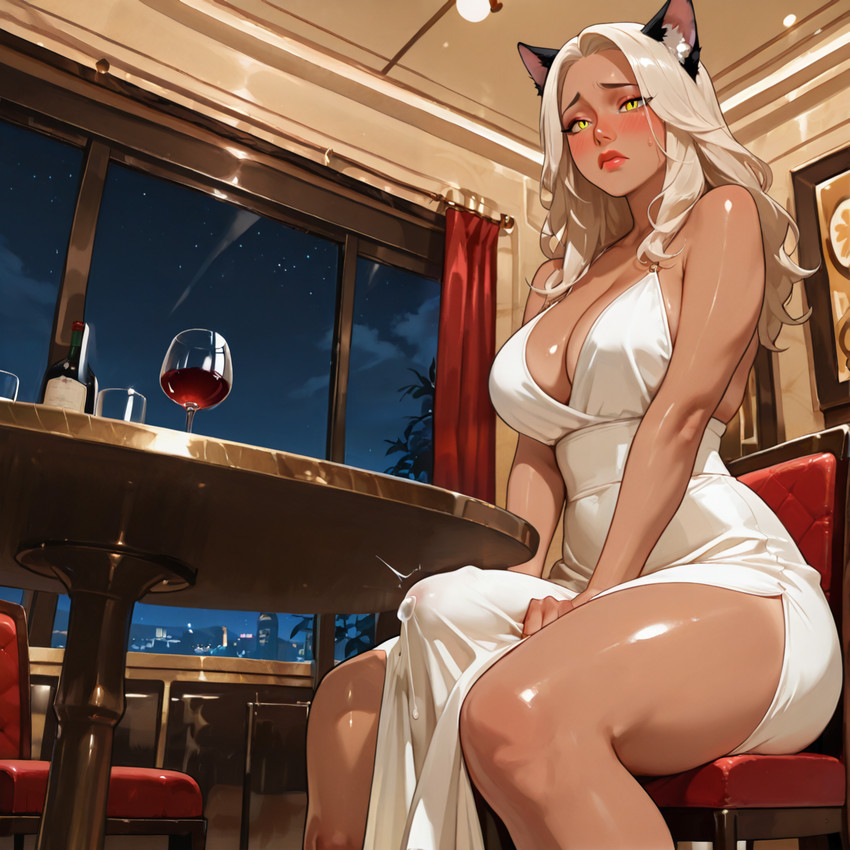 big_bulge blush bodily_fluids breasts bulge clothed clothing dress embarrassed genital_fluids genital_outline genitals gynomorph hair hand_on_penis intersex lipstick long_hair looking_away makeup penis penis_outline precum pupils restaurant slit_pupils solo touching_penis white_clothing white_dress white_hair yellow_eyes jacksjilled felid feline human humanoid hybrid mammal hi_res