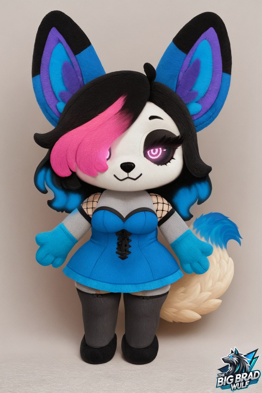 alternative_fashion anthro big_ears black_hair black_sclera blue_body blue_fur breasts clothed clothing dress female fishnet_clothing footwear fur glowing glowing_eyes hair hair_over_eye legwear lingerie looking_at_viewer multicolored_hair one_eye_obstructed pink_eyes pink_hair plushie short_stack simple_background smile solo standing stockings tail topwear white_body white_fur thebigbradwulf nyx_(thebigbradwulf) canid canine fennec fox humanoid mammal 3d_(artwork) digital_media_(artwork) hi_res