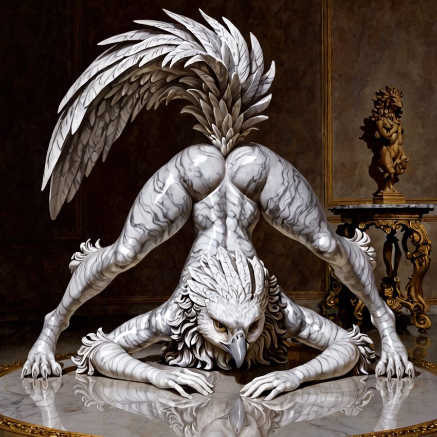 ambiguous_gender anthro ass_up beak butt claws dark_room feathers feet fluffy fluffy_tail furniture glistening grey_body inside jack-o'_pose looking_at_viewer marble nude pose raised_tail realism sculpture solo statue stripes tail_feathers toes white_body white_feathers reclusiarch-grimaldus baroque avian bird mythological_avian