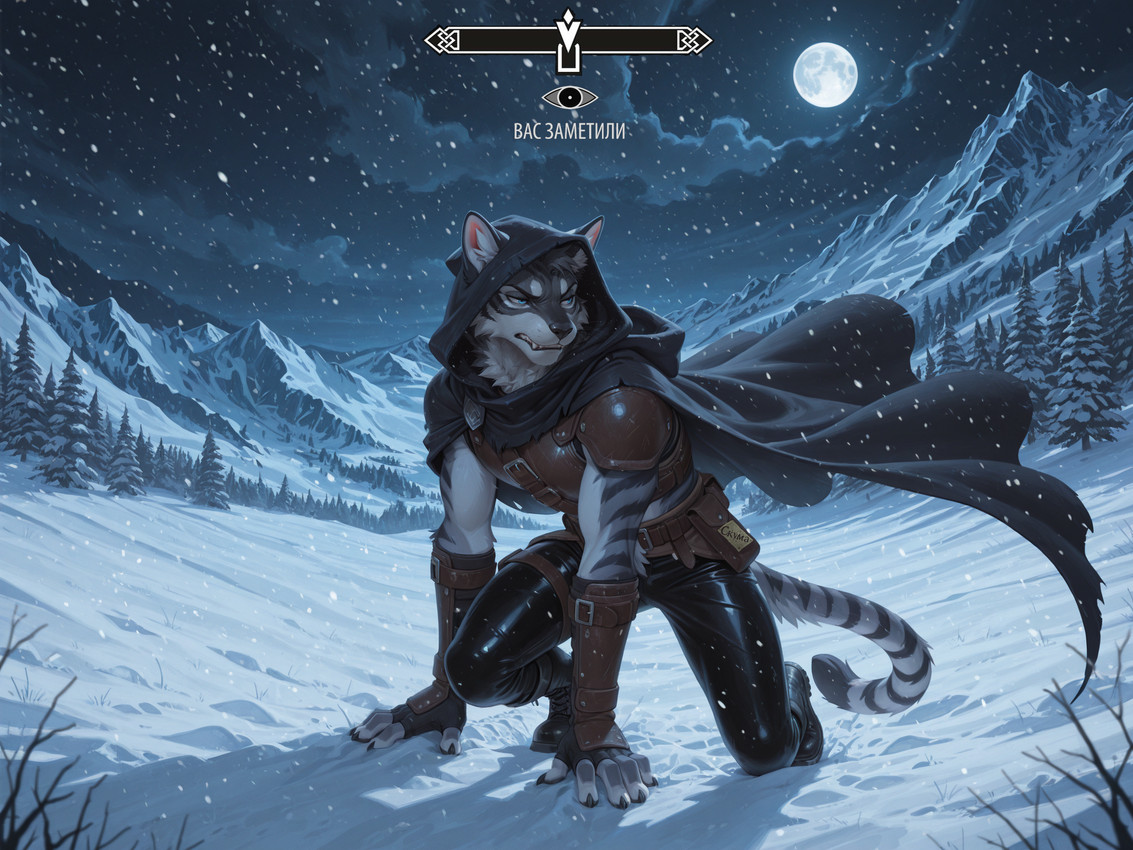anthro armor barefoot biped black_body black_bottomwear black_claws black_clothing black_fur black_hair black_nose black_pants black_stripes blue_eyes bottomwear bracers brown_belt cape cheek_tuft claws cloak clothed clothing cloud cold detailed_background facial_tuft fangs feet finger_claws fingerless_gloves forest full_moon fully_clothed fur gameplay_mechanics glistening gloves grey_body grey_fur hair handwear hood humanoid_hands inner_ear_fluff kneeling leather leather_armor looking_away male markings moon mountain multicolored_body multicolored_fur night outside pants plant sky snow snowing solo star starry_sky striped_body striped_fur striped_markings striped_tail stripes tail tail_markings teeth text toes topwear tree tuft two_tone_body two_tone_fur white_body white_fur vittelbone_director skyrim felid khajiit mammal pantherine hi_res russian_text