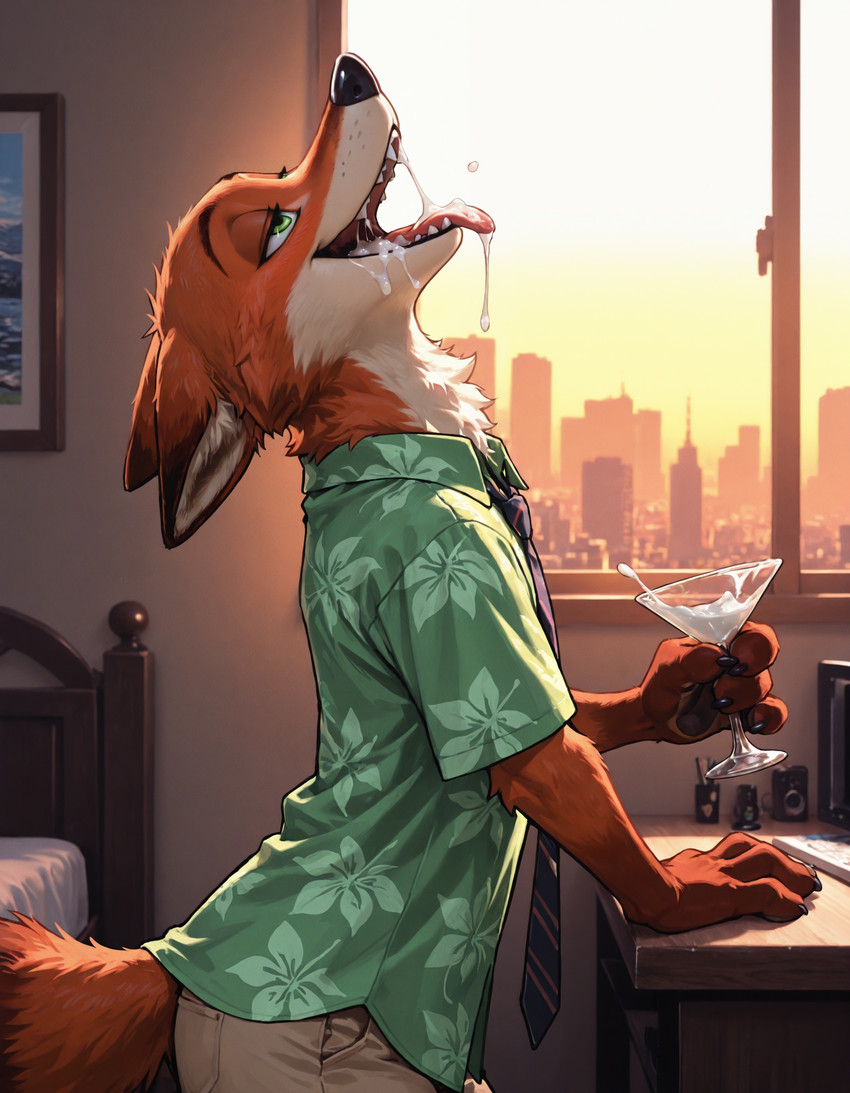 4_fingers anthro bedroom bodily_fluids claws clothed clothing cocktail_glass container cum cum_drip cum_in_mouth cum_inside cup drinking drinking_cum drinking_glass dripping fingers fully_clothed genital_fluids glass glass_container glass_cup lidded_eyes male open_mouth semi-anthro side_view solo standing sunset teeth aksel disney zootopia nick_wilde canid canine fox mammal red_fox hi_res portrait three-quarter_portrait