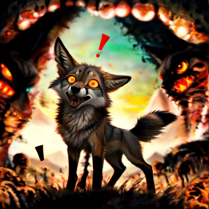 all_fours ambiguous_gender exclamation_point feral glowing glowing_eyes nightmare_fuel open_mouth sharp_teeth teeth blp canid canine canis coyote mammal monster hi_res