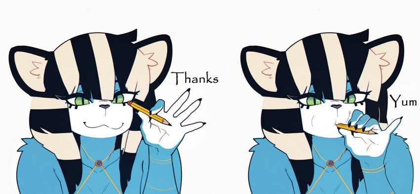 anthro bangs black_hair blue_body blue_fur crayon dialogue eating female fur green_eyes hair holding_object humor jewelry sidelocks simple_background solo striped_hair text white_background white_hair wheel_of_fortune felid mammal mythological_sphinx hi_res meme sequence