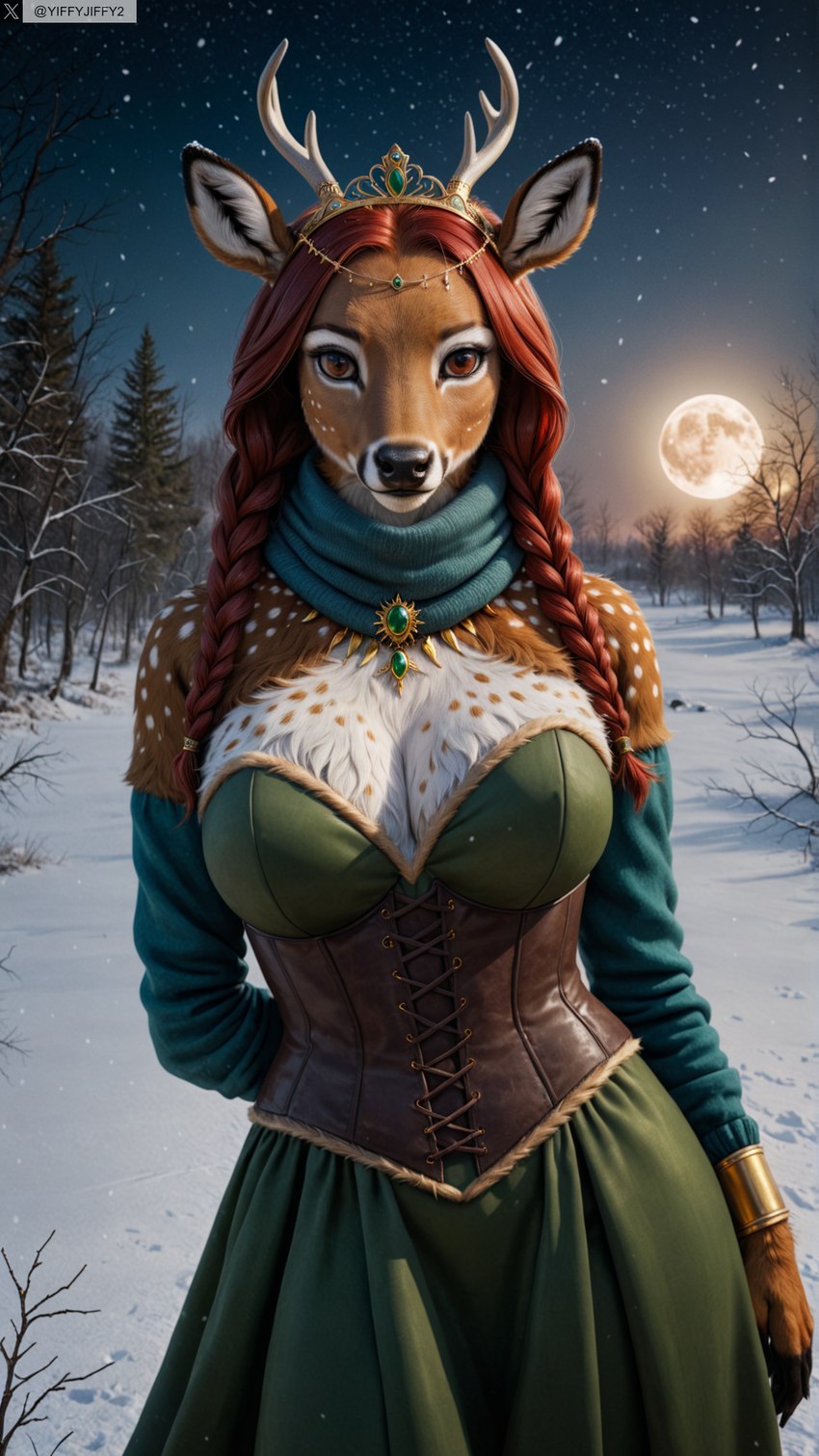 animal_ears anthro antlers braided_hair breasts brown_eyes clothing corset deer_ears dress female female_anthro full_moon hair horn large_breasts lingerie long_hair looking_at_viewer moon night outdoors photorealism photorealistic realistic red_hair sky snow snowing solo stable_diffusion topwear yiffyjiffy2 cervid mammal hi_res watermark