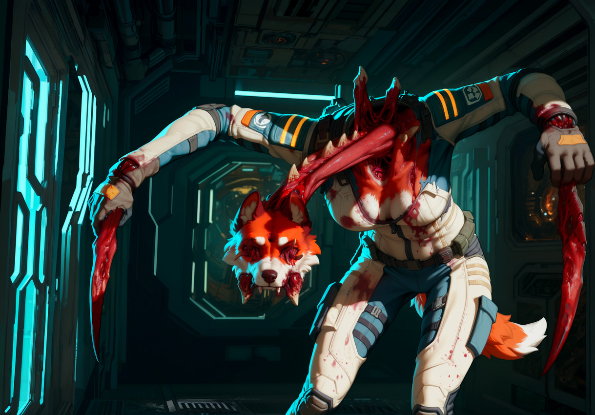 5_fingers anthro blind blood bodily_fluids body_horror bone breasts clothing darkness deformed female fingers flesh fur futuristic gloves gore handwear hole_in_head inside long_neck mandibles orange_body orange_fur pockets scar solo spacecraft_interior spacesuit spikes spikes_(anatomy) white_body white_fur zipper adragocult dead_space canid canine flesh_creature fox mammal monster necromorph hi_res