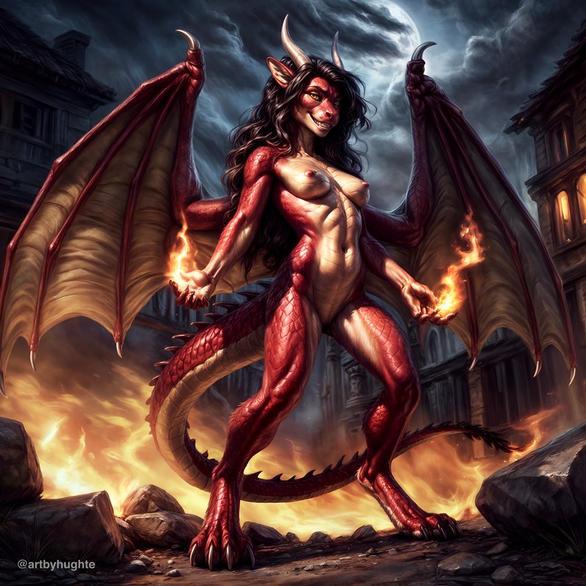 anthro black_hair breasts burning burning_building city claws countershading detailed_background detailed_scales digitigrade dominant dominant_female elemental_manipulation female fire fire_manipulation glistening glistening_body hair horn medieval membrane_(anatomy) membranous_wings navel nipples non-mammal_breasts non-mammal_nipples nude pose red_body red_scales scales scalie_tail seductive solo standing tan_body tan_countershading wings hughte dragon scalie absurd_res detailed hi_res watermark