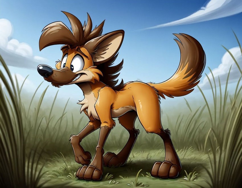 ambiguous_gender feral grass grass_field happy long_legs motion_outlines plant smile sniffing solo tall_grass toony otterball canid canine mammal maned_wolf hi_res