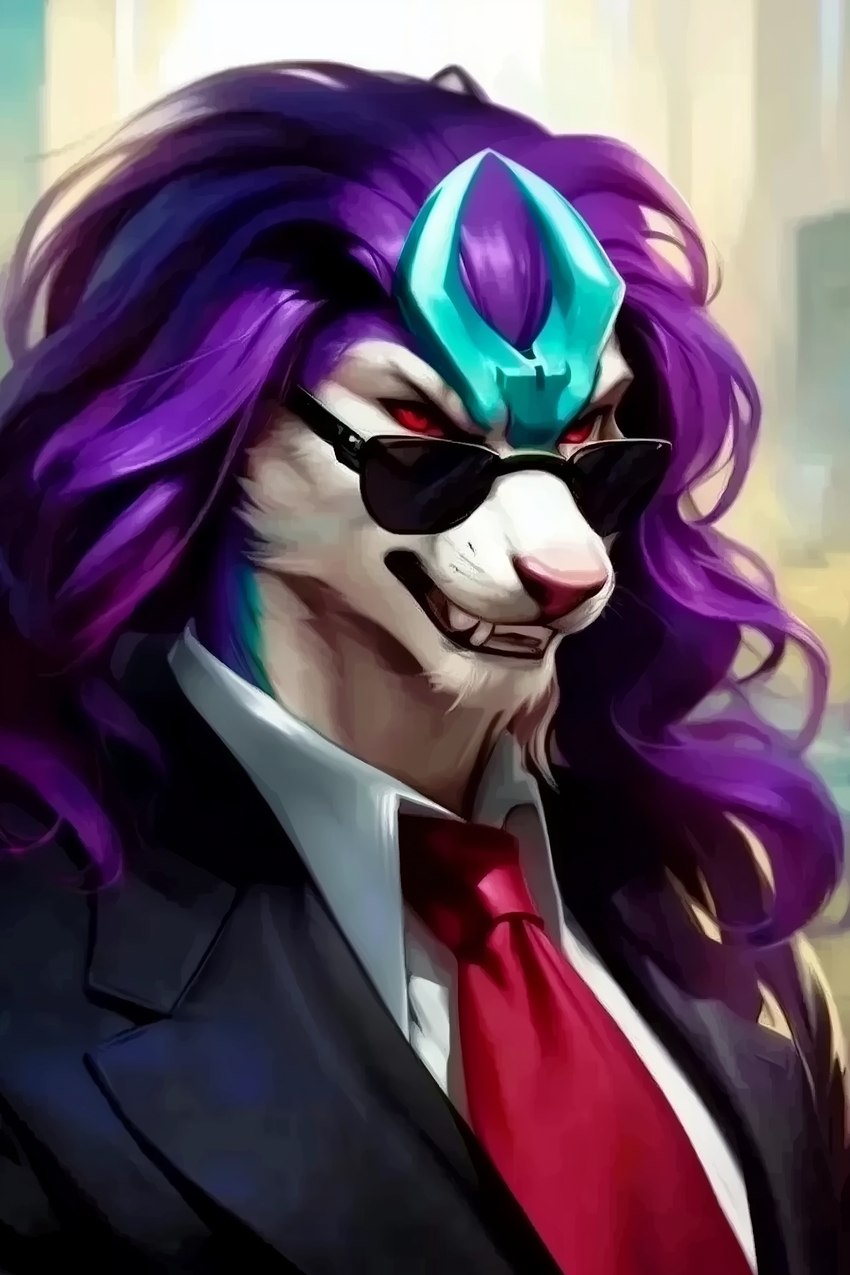 anthro bared_teeth clothing eyewear hair male necktie pink_nose purple_hair red_eyes solo suit sunglasses bahufaru generation_2_pokemon legendary_pokemon pokemon_(species) suicune absurd_res hi_res