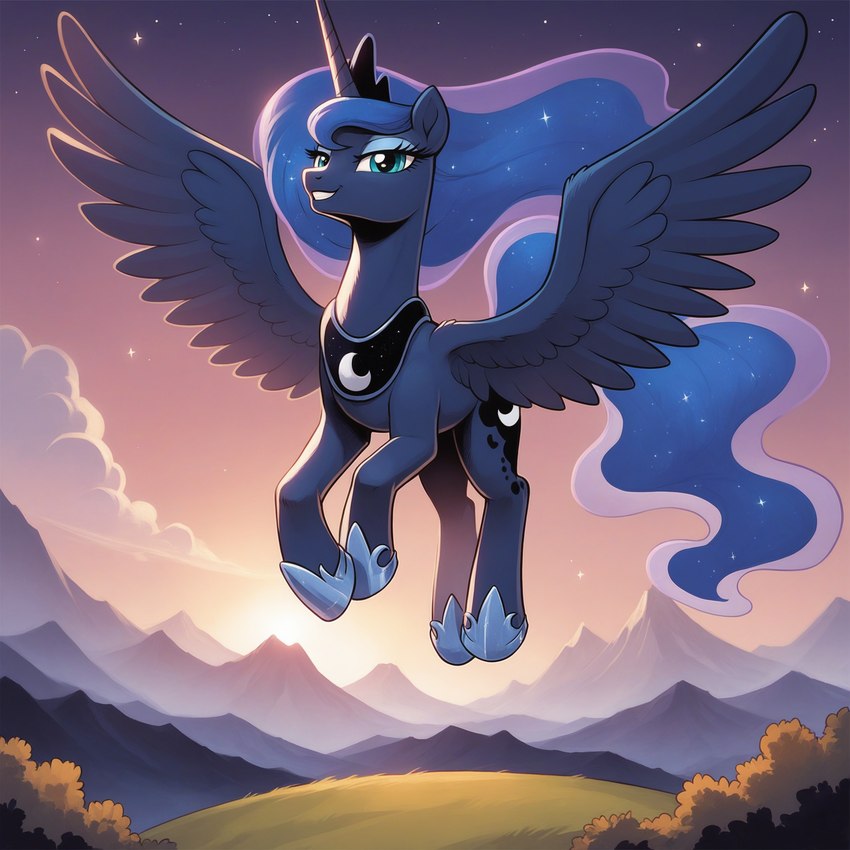 blue_eyes cloud crown ethereal_hair female feral front_view grin hill horn mountains night_sky plant shrub smile solo spread_wings star sunset wings tyto4tme4l my_little_pony princess_luna_(mlp) equid equine horse mammal pony winged_unicorn hi_res