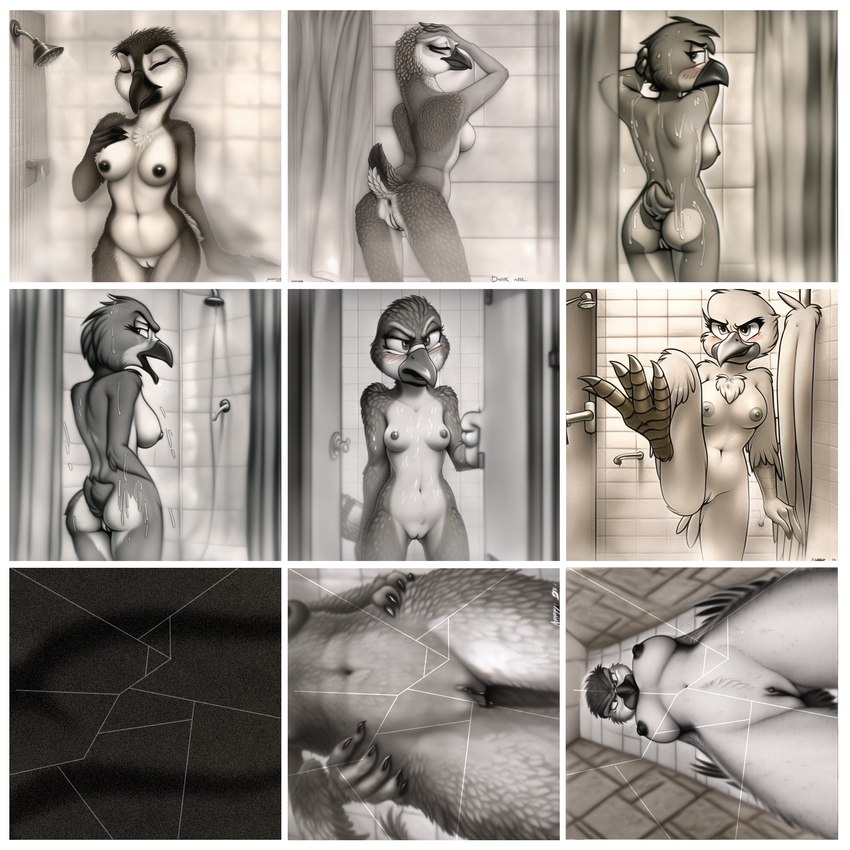 angry anthro anus bathroom breasts butt cracked_screen female genitals kick low-angle_view nipples nude pussy shower solo lendri_mujina miriam_hayes avian bird emu ratite comic edit hi_res monochrome