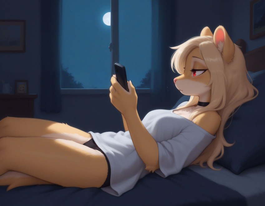 anthro bed bedroom blonde_hair choker clothed clothing female fur furniture hair jewelry necklace night night_sky on_bed panties phone red_eyes shirt solo t-shirt tired topwear underwear yellow_body yellow_fur mila_minx mammal mink mustelid musteline true_musteline absurd_res hi_res