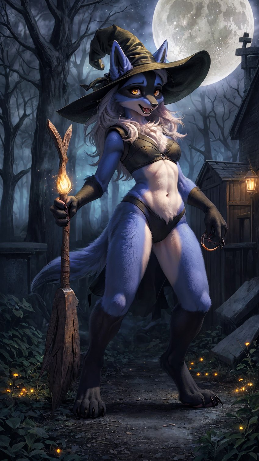 anthro breasts broom camel_toe cleaning_tool cleavage clothed clothing coconut_furry_mix_2_vivid_(model) detailed_background detailed_eyes detailed_fur detailed_lighting female forest hair hat headgear headwear looking_at_viewer magic_user moon navel outdoor plant skimpy smile solo tree underwear white_hair witch witch_hat yellow_eyes yuki_laneige canid generation_4_pokemon lucario mammal pokemon_(species) detailed hi_res tagme