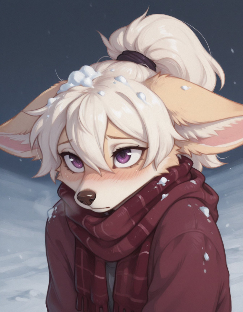 anthro blush breath breath_cloud brown_body brown_fur cheek_tuft clothed clothing coat facial_tuft female front_view fur hair inner_ear_fluff outside pink_body ponytail purple_eyes scarf short_hair shy simple_background snow solo topwear tuft upper_body white_body white_fur white_hair winter foxgirlai canid canine fennec fox mammal hi_res portrait