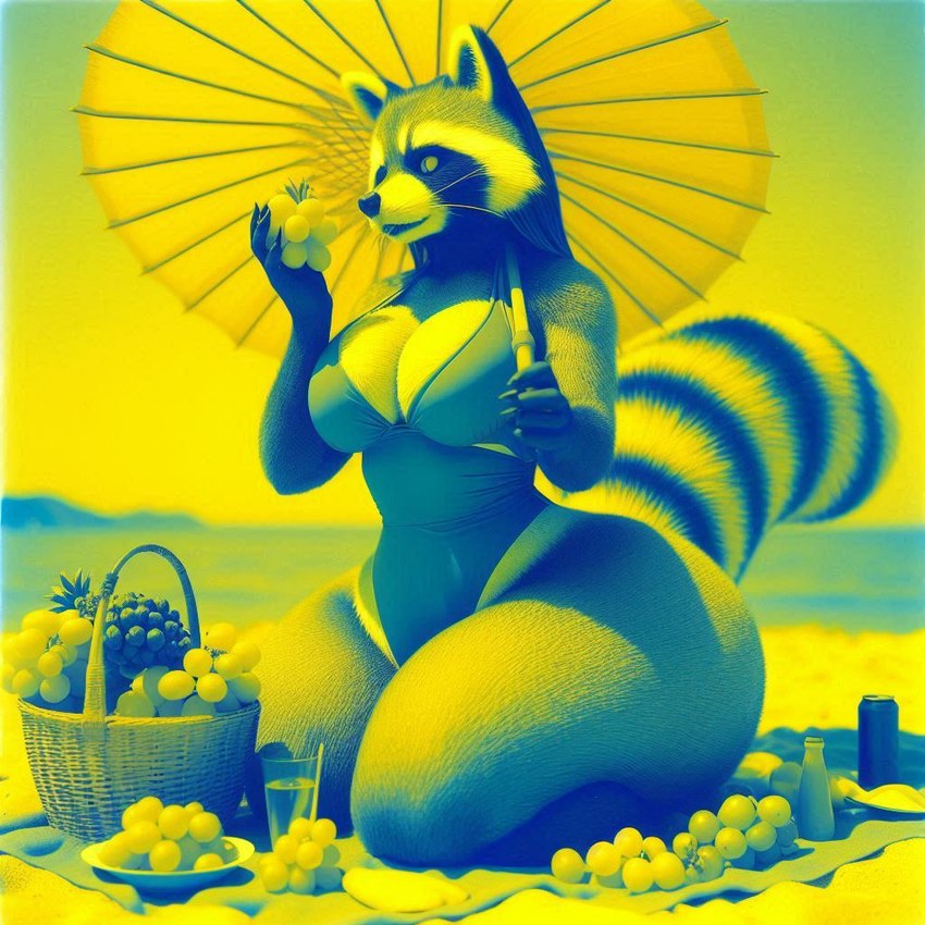 anthro beach beach_background bing_image_creator breasts clothing dall-e_3 dichromatic female food fruit hyper_hips one-piece_swimsuit plant seaside solo swimwear umbrella anonymous_director mammal procyonid raccoon blue_theme yellow_theme