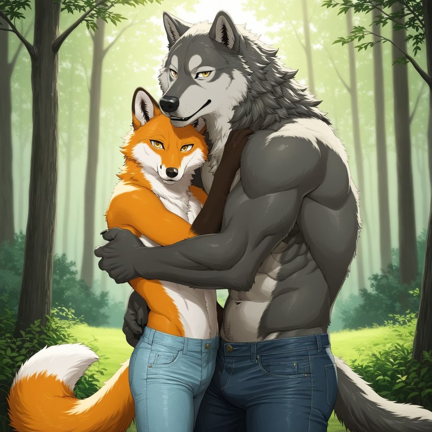 5_fingers abs anthro arm_around_back athletic biceps black_nose blue_bottomwear blue_clothing blue_pants bottomwear bulge claws clothed clothing countershading day denim denim_bottomwear denim_clothing detailed_background dipstick_tail duo embrace fingers forest fur gloves_(marking) grass grey_body grey_fur hug inner_ear_fluff jeans larger_male looking_at_viewer male male/male markings multicolored_body multicolored_fur muscular muscular_anthro muscular_male nature navel neck_tuft orange_body orange_fur outside pants pecs plant size_difference smaller_male smile standing tail tail_markings topless topless_anthro topless_male tree tuft white_body white_fur yellow_eyes anonymous_director canid canine canis fox mammal werecanid werecanine werecreature wolf hi_res