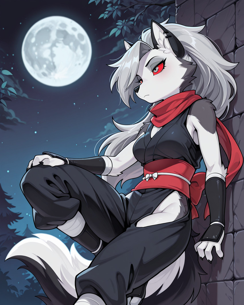 anthro breasts female fluffy_fur fur grey_body grey_eyes grey_fur moon night ninja red_eyes solo warrior alastorgj helluva_boss loona_(helluva_boss) canid canine canis mammal wolf hi_res