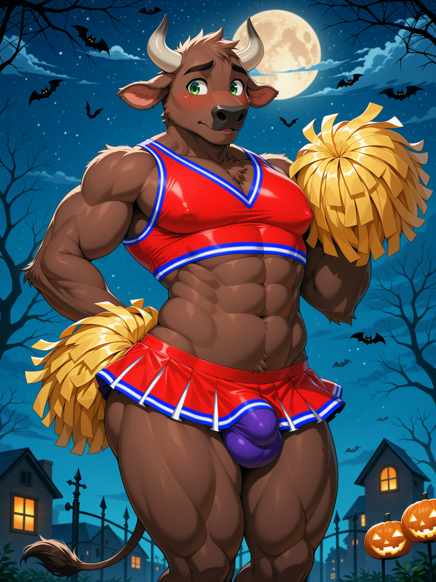 abs anthro bulge cheerleader cheerleader_outfit clothed clothing covered_nipples crossdressing embarrassed halloween male muscular shy solo cowfurmania halloween_2025 bovid bovine mammal hi_res