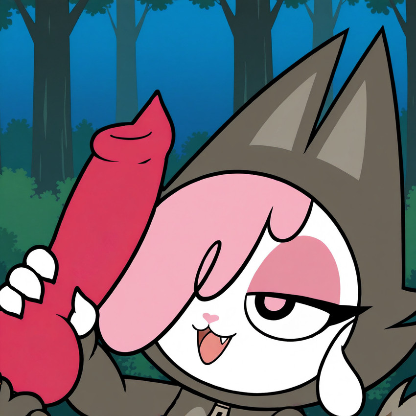 animal_genitalia animal_penis canine_genitalia canine_penis claws clothing costume duo eyelashes fangs female floppy_ears forest genitals hair hair_over_eye handjob knot lidded_eyes male male/female night offscreen_male one_eye_obstructed open_mouth penile penis pink_eyes pink_hair plant sex smile teeth tree zipper seeper chikn_nuggit cofi_(chikn_nuggit) bovid canid canine caprine mammal sheep hi_res