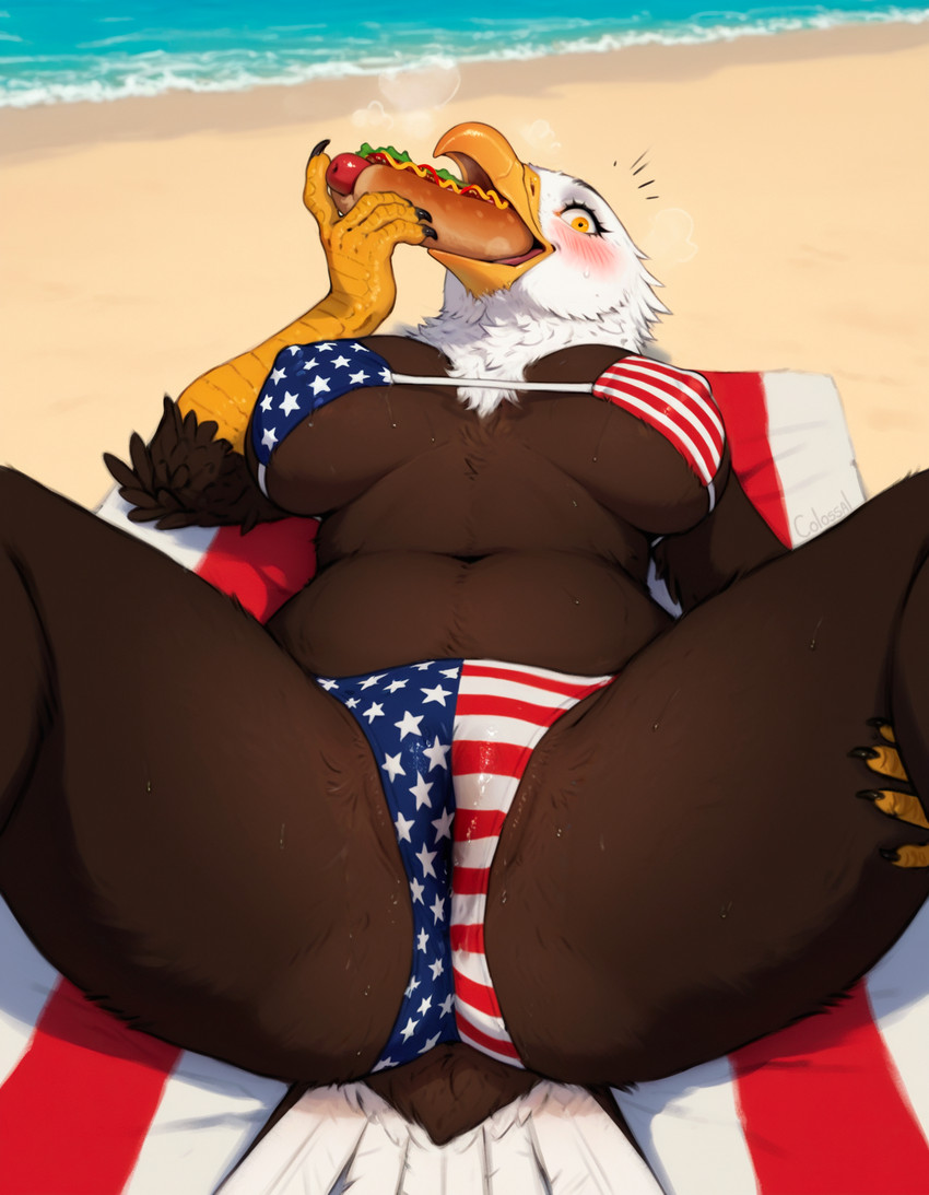 4th_of_july 5_fingers american_flag_bikini anthro areola areola_slip beach beach_towel beak belly big_breasts bikini biped black_claws blush bodily_fluids bottomwear breasts brown_body brown_feathers butt camel_toe claws cleavage clothed clothing curvy_figure detailed_background eating eyebrows eyelashes feathers female finger_claws fingers flag flag_bikini flag_clothing flag_print food food_fetish food_in_mouth front_view genital_fluids genitals holding_food holding_leg holding_object holding_thigh hot_dog looking_at_viewer lying midriff multicolored_body multicolored_feathers navel nipple_outline non-mammal_breasts on_back on_towel open_beak open_mouth outside panties partially_visible_vulva pattern_bikini pattern_clothing pattern_swimwear plant presenting print_bikini print_clothing print_swimwear pussy pussy_juice sand scuted_arms scutes sea seaside skimpy skimpy_bikini solo spread_legs spreading stars_and_stripes striped_bikini striped_clothing striped_swimwear stripes suggestive sunbathing surprise sweat sweaty_breasts swimwear tail tail_feathers talons thick_thighs tongue towel tuft two_tone_body two_tone_feathers under_boob underwear united_states_of_america water wet wet_clothing wet_panties wet_underwear white_body white_feathers wide_hips yellow_beak yellow_claws yellow_eyes colossal_exhoost_fume accipitrid accipitriform avian bald_eagle bird eagle sea_eagle hi_res shaded