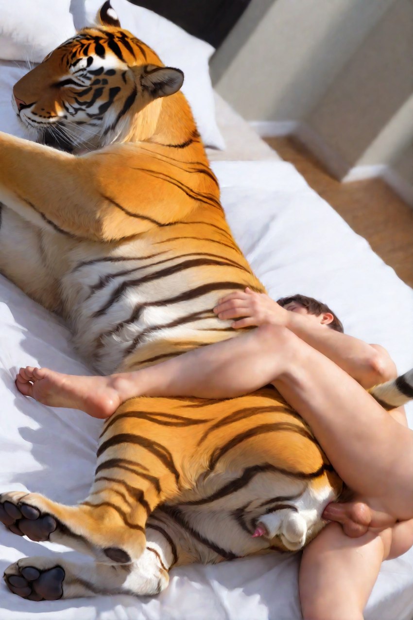 4_toes 5_fingers anal anal_penetration anatomically_correct anatomically_correct_genitalia animal_genitalia anus balls bed bed_sheet bedding bedroom bestiality black_pawpads duo eyes_closed feet feline_balls feline_sheath feral feral_penetrated fingers from_behind_position furniture genitals human_on_feral human_penetrating human_penetrating_feral humanoid_genitalia humanoid_penis inside interspecies lying male male/male on_side pawpads paws penetration penile penile_penetration penis penis_in_ass penis_tip perineum pillow sex sheath size_difference small_dom_big_sub spoon_position spooning toes whiskers drla felid human mammal pantherine tiger hi_res