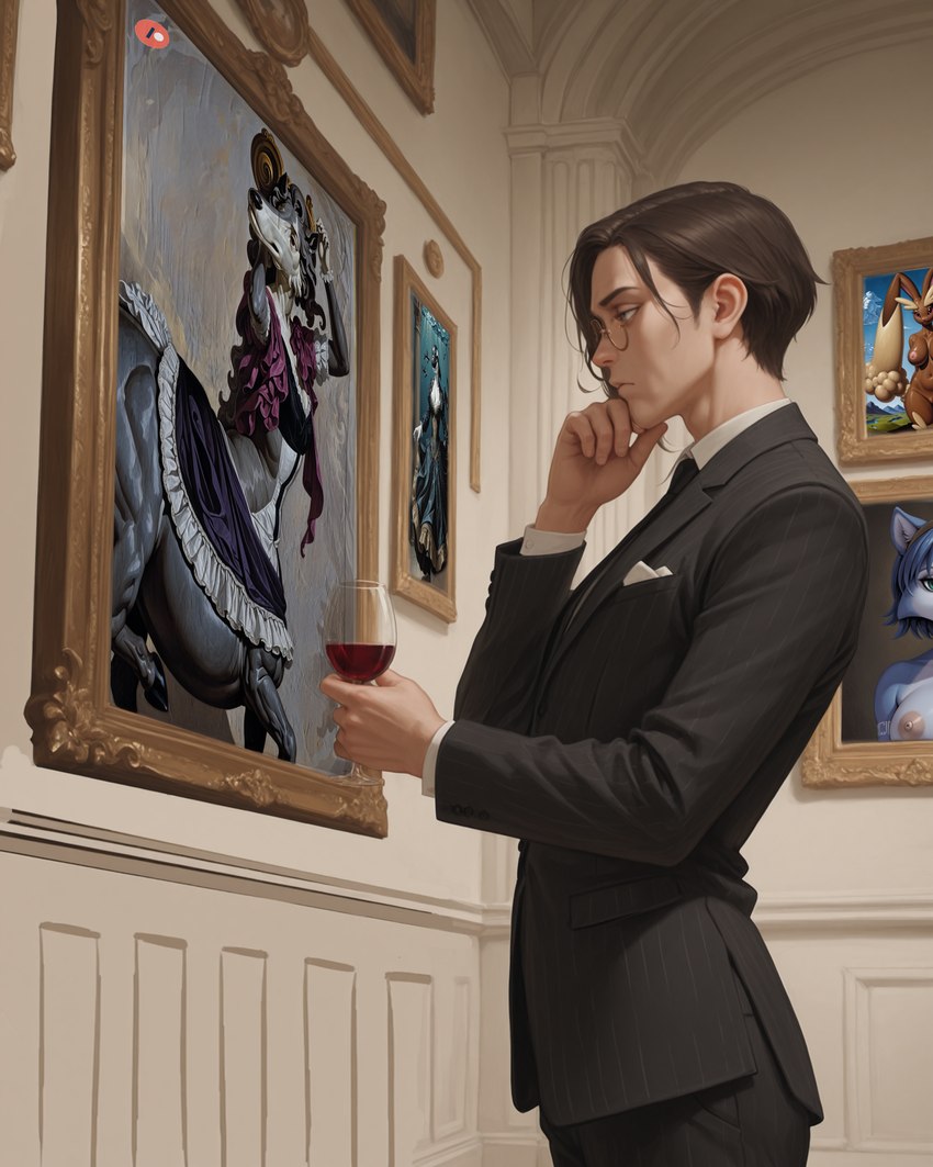 anthro art_gallery brown_eyes brown_hair clothing container cup drinking_glass eyewear female glass glass_container glass_cup glasses hair hand_on_face looking_at_object male museum painting_(object) side_view solo suit thinking_pose wine_glass cartuniverse cei krystal canid canine canis cetacean delphinoid fox generation_4_pokemon human lopunny mammal marine oceanic_dolphin orca pokemon_(species) taur toothed_whale wolf absurd_res hi_res