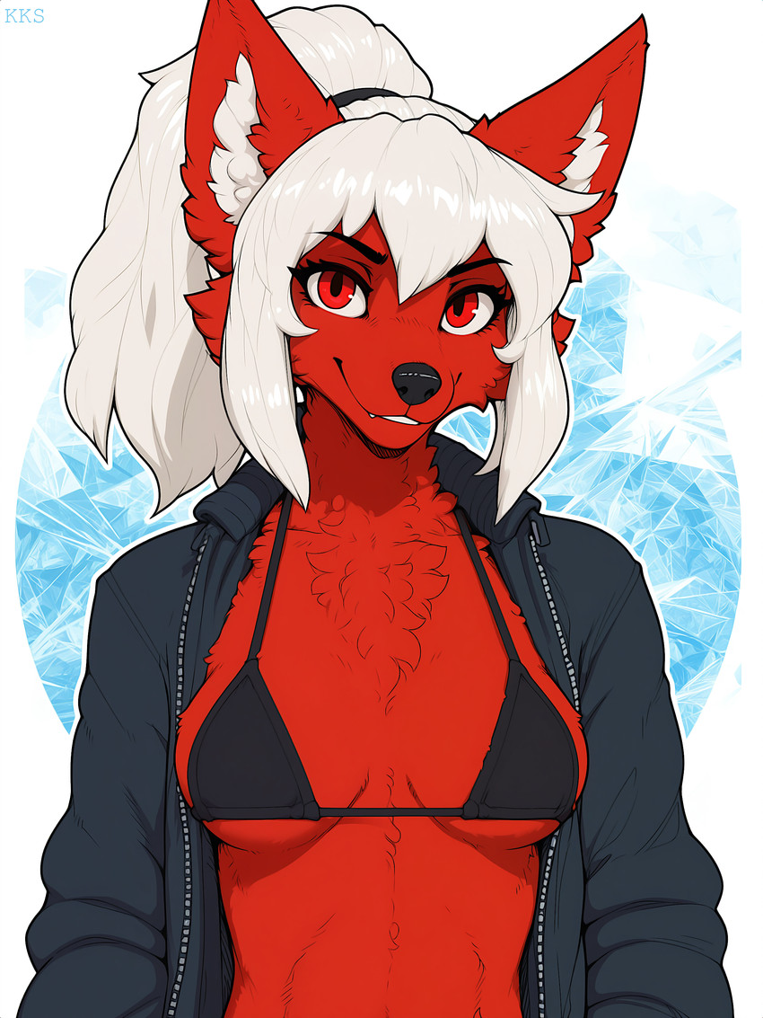 abstract_background anthro bikini breasts clothing female fur hair happy jacket looking_at_viewer medium_breasts ponytail red_body red_eyes red_fur smile solo swimwear topwear white_hair krickracsac canid canine canis mammal wolf absurd_res hi_res portrait watermark