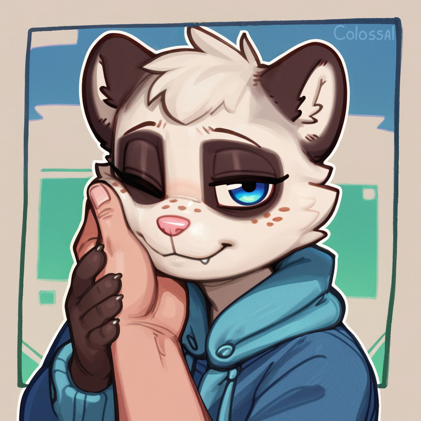 ambiguous_gender anthro anthro_focus black_body black_fur blue_clothing blue_eyes blue_topwear cheek_tuft claws clothed clothing cute_fangs disembodied_hand duo eyebrows facial_tuft fangs female fingers first_person_view freckles fur hand_on_cheek head_tuft hoodie looking_at_viewer markings narrowed_eyes one_eye_closed pink_nose simple_background smile solo_focus teeth topwear tuft white_body white_fur wink colossal_exhoost_fume domestic_ferret human mammal mustela mustelid musteline true_musteline portrait