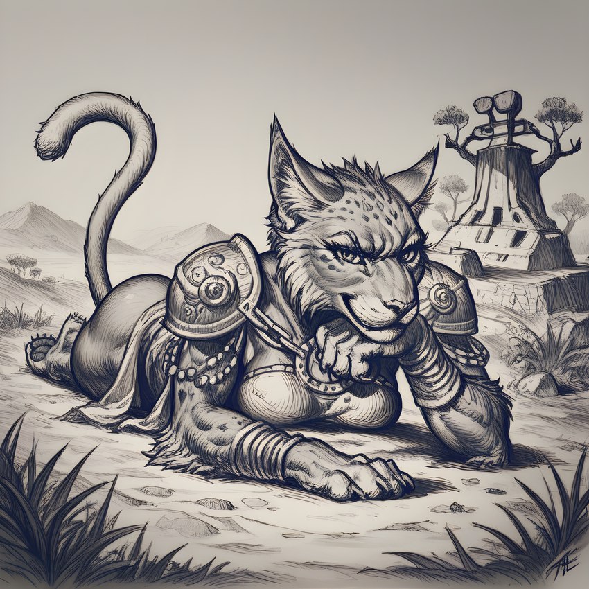 anthro armor breasts butt chain claws clothing female fluffy_fur fur jewelry long_tail looking_at_viewer lying metal_armor on_front outdoors paws question_mark raised_tail savanna smile smug solo tuft vitiligo_(director) magic:_the_gathering mirri felid feline mammal absurd_res hi_res monochrome