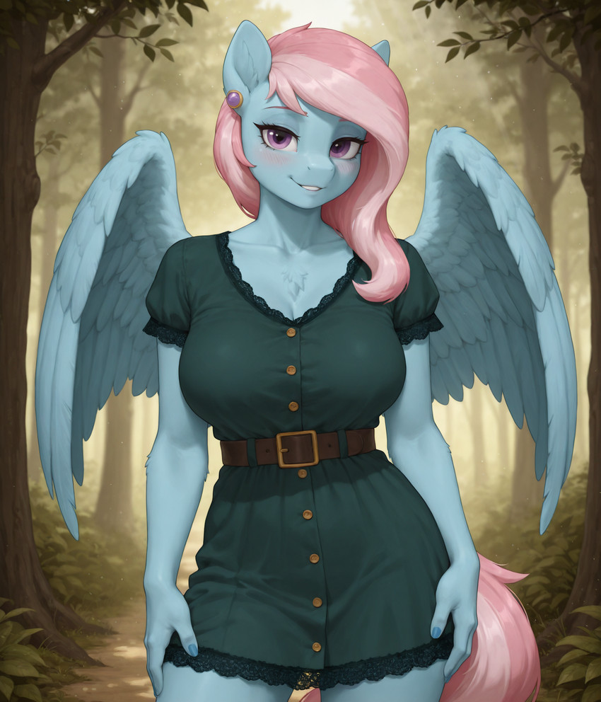 anthro belt blue_body blush breasts clothing feathered_wings feathers female female_anthro forest green_clothing hair looking_at_viewer mythological_equine mythology nature nature_background pink_hair plant purple_eyes solo spread_wings tree wings lewdtf equid equine mammal mythological_creature pegasus 2025 4k digital_drawing_(artwork) digital_media_(artwork) hi_res stable_diffusion