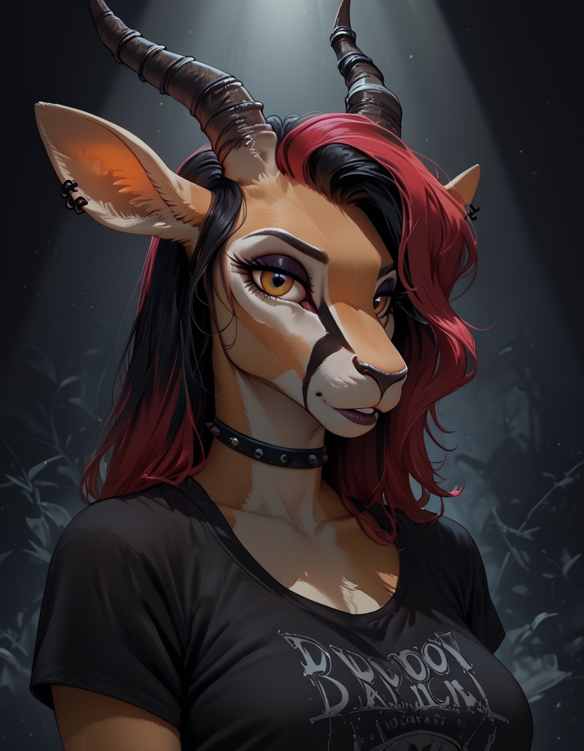 anthro breasts brown_body brown_fur choker ear_piercing emo female fur hair horn jewelry looking_at_viewer necklace piercing red_hair smile solo redstallion_(director) antelope bovid gazelle mammal bust_portrait portrait