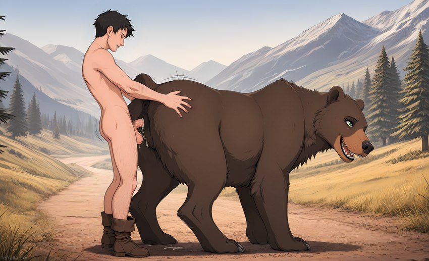 animal_genitalia animal_pussy anus balls bestiality bodily_fluids boots clothing cum cum_drip cum_in_pussy cum_inside cum_on_ground cum_string dripping duo eyelashes eyes_closed female feral feral_penetrated footwear from_behind_position genital_fluids genitals green_eyes hand_on_butt human_on_feral human_penetrating human_penetrating_feral interspecies larger_female looking_pleasured male male/female male_on_feral medieval motion_lines mountain nude penetration penile penile_penetration penis penis_in_pussy pussy quadruped road sex side_view size_difference smaller_male thrusting vaginal vaginal_penetration terraraptor brown_bear human mammal ursid ursine