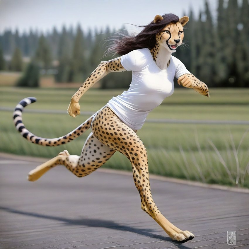 anthro black_hair bottomless clothed clothing digitigrade female field forest fur golden_eyes grass hair long_hair multicolored_body multicolored_fur path plant running shirt smile solo spots topwear tree director_crashbandit cheetah felid feline mammal attempted_signature novelai