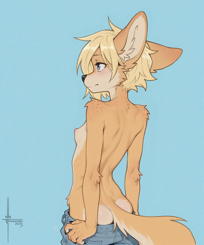 5_fingers anthro arched_back black_claws black_nose blonde_hair blue_eyes bottomwear bottomwear_pull breasts claws clothing clothing_pull countershading ears_down elbow_tuft embarrassed facial_tuft female fingers fluffy fluffy_tail freckles fur glistening hair huge_tail looking_forward pants pants_pull pivoted_ears rear_view small_breasts solo standing tuft white_body white_countershading yellow_body yellow_fur numeradin canid canine fennec fox mammal hi_res portrait three-quarter_portrait