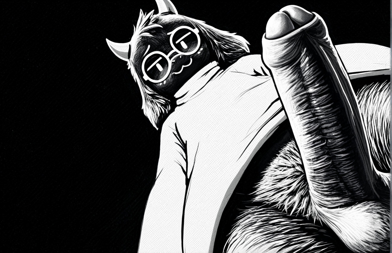 balls big_penis black_background black_body black_fur body_hair bottomless clothed clothing erection eyewear foreskin fur genital_focus genitals glasses horn humanoid_genitalia humanoid_penis looking_at_viewer looking_down low-angle_view male partially_retracted_foreskin penis penis_focus presenting presenting_penis pubes seductive simple_background smile solo topwear worm's-eye_view unknown_director deltarune undertale_(series) ralsei bovid caprine goat mammal greyscale hi_res monochrome