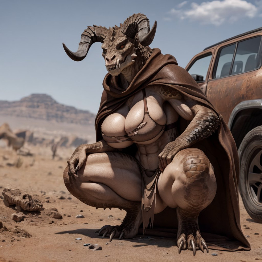 abs anthro big_breasts breasts brown_body claws clothing coat female horn looking_at_viewer muscular non-mammal_breasts scales seductive smile solo teeth topwear yellow_eyes zoc fallout deathclaw scalie