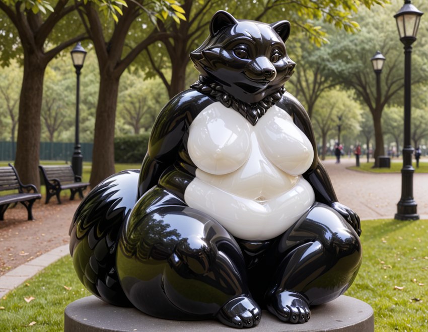 anthro bananastrike_xl_lightning bench black_body breasts countershade_torso countershading female glistening glistening_body markings outside overweight overweight_anthro overweight_female park photorealism plant sculpture sitting solo statue street_lamp tree white_body white_countershading anonymous_director mammal procyonid raccoon