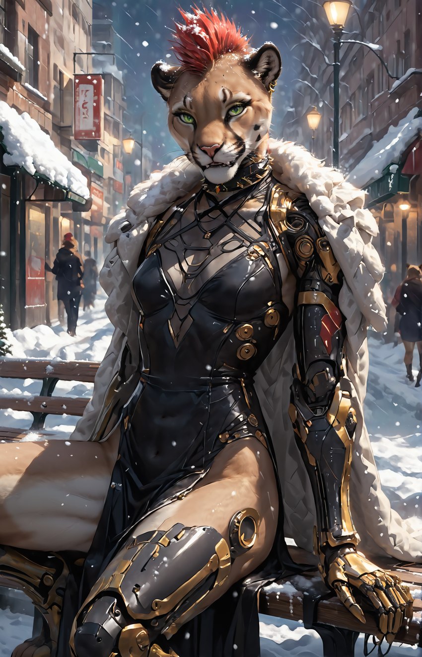 anthro athletic black_clothing breasts brown_body brown_fur choker city clothed clothing coat cybernetic_arm cybernetic_leg cybernetic_limb cybernetics cyberpunk dress female fur fur_clothing genitals green_eyes hair jewelry machine multicolored_body multicolored_fur necklace orange_body orange_fur outside presenting presenting_pussy pussy red_hair short_hair sitting sitting_on_bench snow snowing solo tight_clothing topwear two_tone_body two_tone_fur white_body white_fur winter winter_background tiberiumcat tibe cougar felid feline mammal hi_res