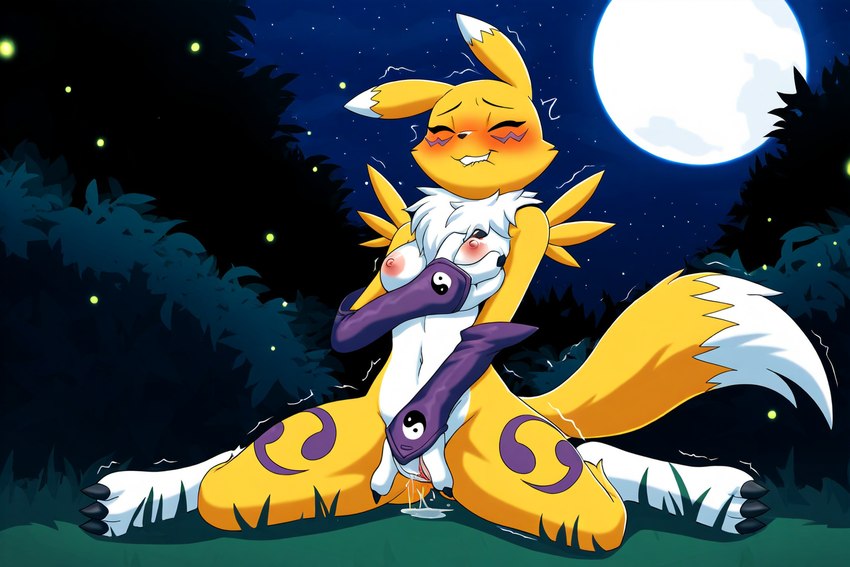 anthro bite biting_lip biting_own_lip blush breast_play breast_squeeze breasts eyes_closed female fingering looking_pleasured masturbation moon orgasm outside self_bite solo spread_legs spreading star twitching vaginal vaginal_fingering pixel_wizard digimon_(species) renamon