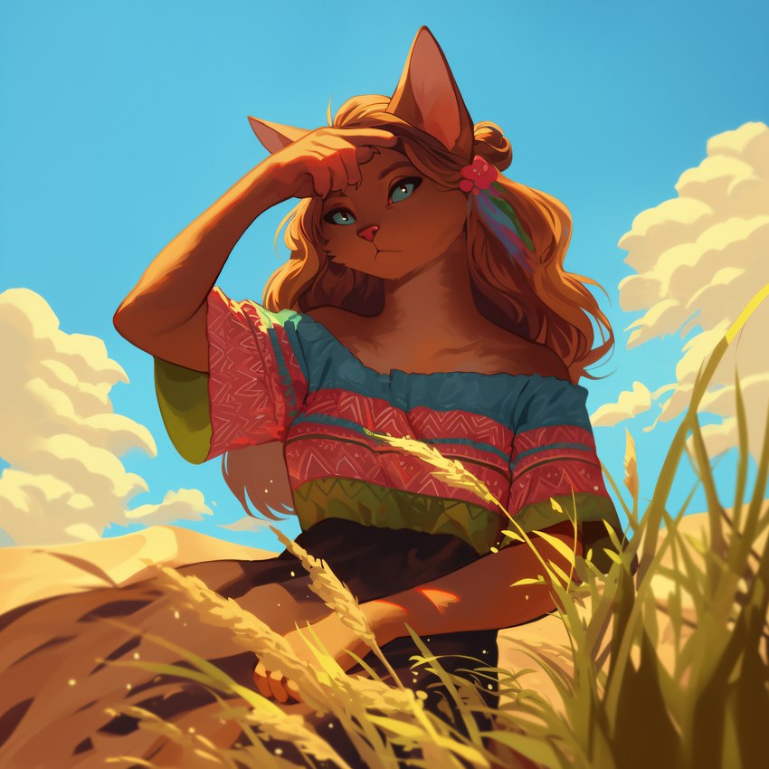 accessory ai_assisted anthro blue_eyes breasts brown_body brown_fur brown_hair clothing cloud dress female flower flower_in_hair fur hair hair_accessory hair_bun hand_on_head plant sand sand_dune sky solo sappy_(director) domestic_cat felid feline felis mammal hi_res