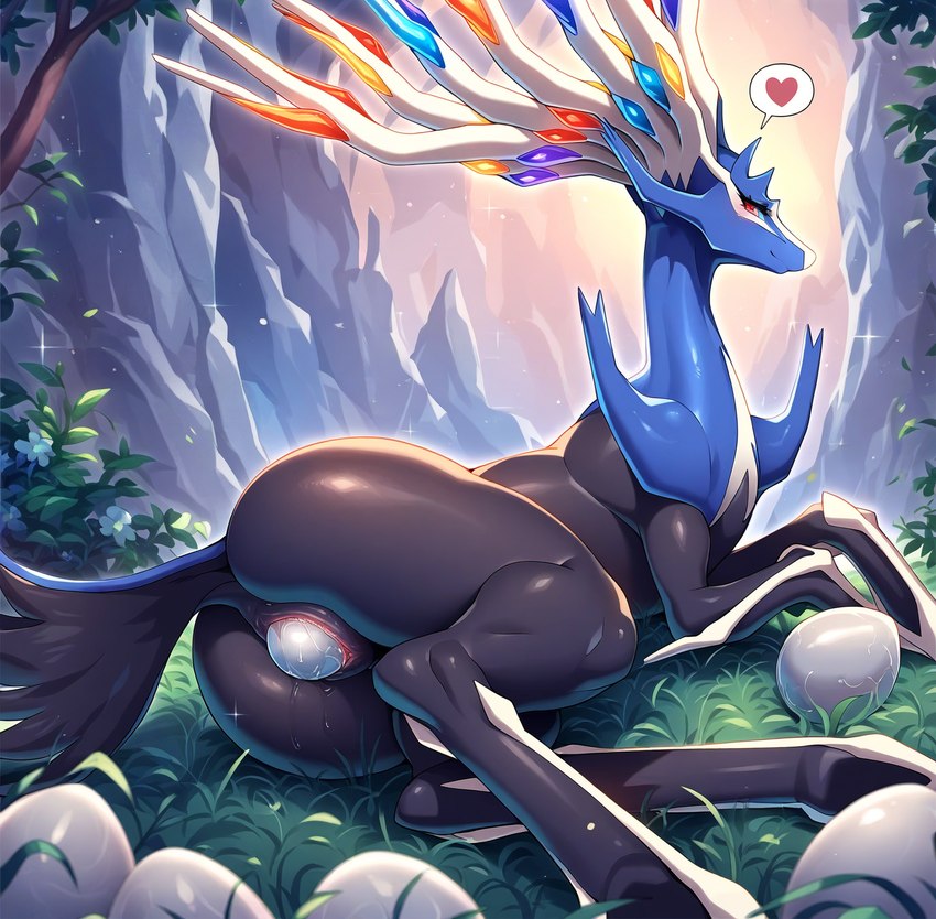 <3 bodily_fluids butt detailed_background egg female feral genital_fluids genitals laying looking_at_viewer nature outside oviposition pussy pussy_juice red_eyes solo speech_bubble count_grey nintendo pokemon generation_6_pokemon legendary_pokemon pokemon_(species) xerneas hi_res novelai