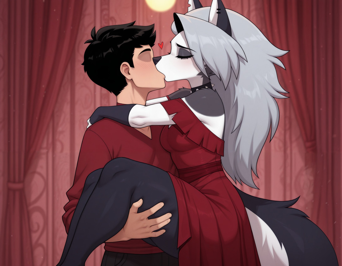 <3 anthro clothed clothing collar dress duo eyes_closed faceless_character faceless_human female fingerless_gloves gloves handwear inside kissing legwear male male/female red_clothing red_dress sex side_view stand_and_carry_position standing standing_sex tail raif_ai helluva_boss loona_(helluva_boss) canid canid_demon canine canis demon hellhound human mammal wolf hi_res