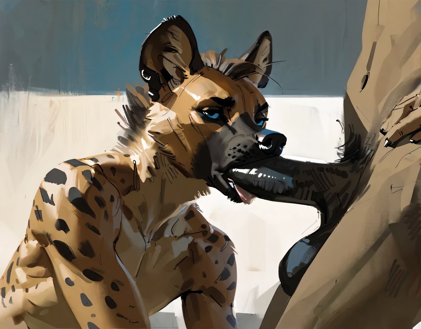 anthro balls blue_eyes close_up duo erection fellatio fur genitals looking_at_viewer male male/male male_on_anthro nude oral penile penis sex side_view simple_background spots tongue qibble hyaenid mammal spotted_hyena hi_res