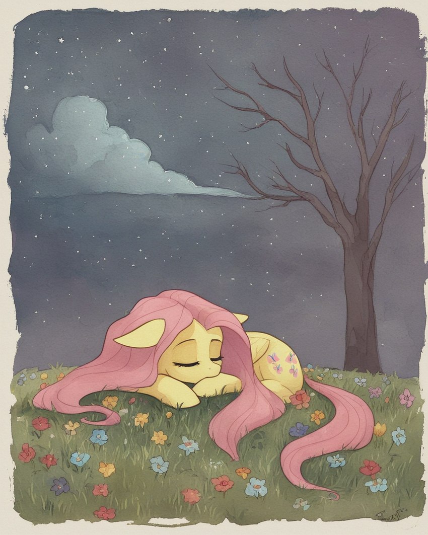 border cloud cutie_mark eyelashes eyes_closed feathered_wings feathers female feral flower friendship_is_magic fur grass hair hooves long_hair mythological_equine night outside pink_hair pink_tail plant quadruped sky sleeping solo star starry_sky tree white_border wings yellow_body yellow_feathers yellow_fur aphid butterwolf my_little_pony equid equine horse mammal mythological_creature pegasus hi_res