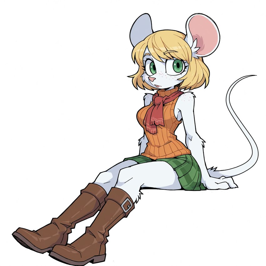 alternate_species anthro blonde_hair boots breasts clothing female footwear fur furrification hair looking_at_viewer simple_background sitting solo white_body white_fur anonymous_director resident_evil ashley_graham_(resident_evil) moushley mammal mouse murid murine rodent hi_res