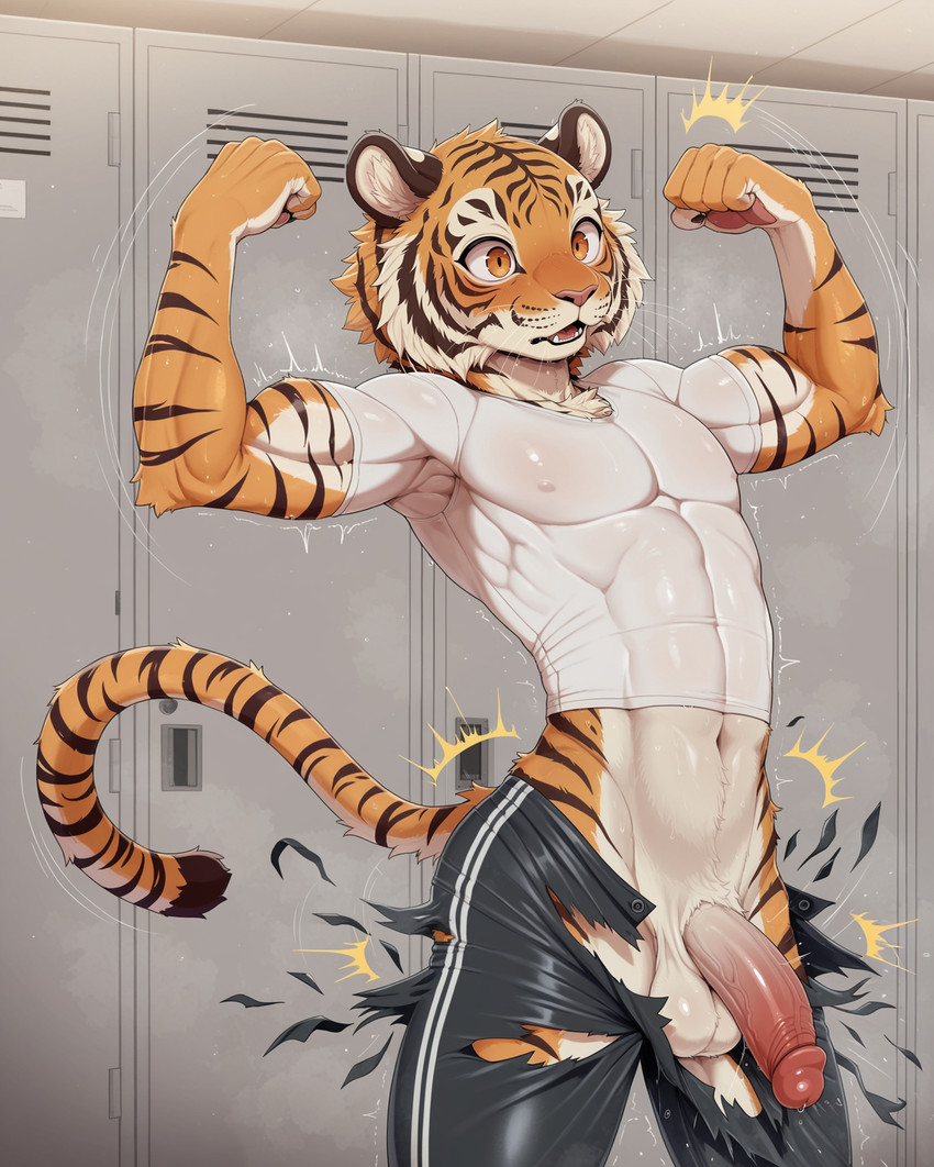 anthro balls bodily_fluids bottomwear clothing flexing fur genitals inside locker_room male motion_lines muscular nipple_outline orange_body pants penis shirt solo sportswear stretching striped_body striped_fur stripes surprise sweat tight_bottomwear tight_clothing tight_fit tight_pants tight_shirt tight_topwear topwear torn_clothing beowolf felid mammal pantherine tiger 4:5 hi_res