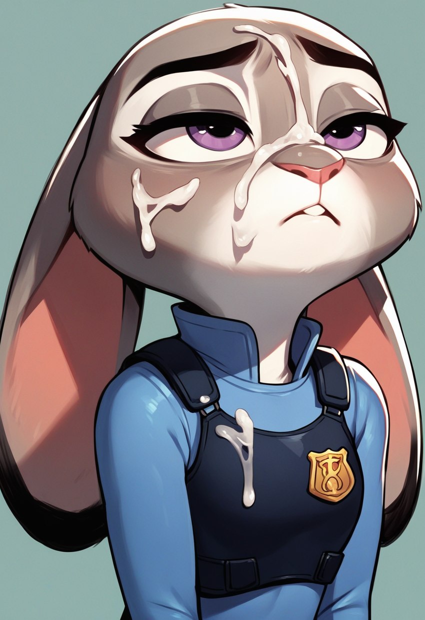 after_orgasm after_sex annoyed_expression anthro bodily_fluids clothing cum cum_on_face cum_string ears_down female genital_fluids half-closed_eyes narrowed_eyes pivoted_ears police_uniform solo topwear uniform vest zootopia anonymous_director judy_hopps lagomorph leporid mammal rabbit hi_res